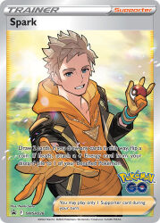 1boy artist_name black_jacket blonde_hair blue_eyes card_(medium) character_name company_name copyright_logo copyright_name copyright_notice english_text gen_1_pokemon gloves grass holding holding_poke_ball hood hood_down hoodie jacket jewelry legendary_pokemon long_sleeves male_focus necklace nintendo official_art open_clothes open_jacket outdoors poke_ball poke_ball_(basic) pokemon pokemon_card pokemon_go pokemon_tcg rock saitou_naoki short_hair smile solo spark_(pokemon) sunlight teeth third-party_source trading_card yellow_gloves yellow_hoodie zapdos