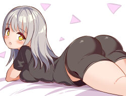 1girl ass ass_focus bike_shorts black_shorts blush breast_press breasts cameltoe cougar_(cougar1404) from_behind grey_hair huge_ass long_hair looking_at_viewer looking_back open_mouth original shirt shorts sideboob solo top-down_bottom-up