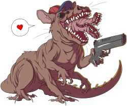 1other arborix baseball_cap black_sclera body_horror child claws colored_sclera commentary english_commentary extra_arms extra_eyes extra_mouth gun hat heart highres holding holding_gun holding_weapon horror_(theme) look_outside monster mouse_(animal) no_humans other_focus rat_child_(look_outside) sharp_teeth smile speech_bubble spoken_heart teeth weapon