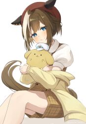 Rule 34 | 1girl, absurdres, alternate costume, animal ears, beret, blue eyes, blush, brown hair, casual, cheval grand (umamusume), closed mouth, commentary request, hat, headwear switch, highres, horse ears, horse girl, hug, jacket, pompompurin, sakura nekko, sanrio, solo, umamusume, white background