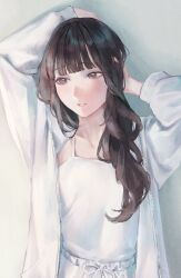Rule 34 | 1girl, animification, arm behind head, arms up, blunt bangs, brown eyes, brown hair, collarbone, commentary request, dress, highres, jacket, kan kanna, long hair, long sleeves, open clothes, open jacket, parted lips, raised inner eyebrows, real life, saidamoosu, sleeveless, sleeveless dress, solo, spaghetti strap, upper body, voice actor, wavy hair, white dress, white jacket