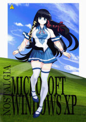 1girl absurdres alt_text black_hair bliss_(image) blue_eyes blue_shoes blue_skirt breasts commentary detached_sleeves english_commentary hair_ornament hair_ribbon highres large_breasts letter_hair_ornament long_hair long_sleeves looking_at_viewer microsoft_windows os-tan pleated_skirt red_ribbon ribbon shirt shoes skirt sleeveless sleeveless_shirt smile solo teku-a-fool thighhighs windows_xp x_hair_ornament xp-tan zettai_ryouiki