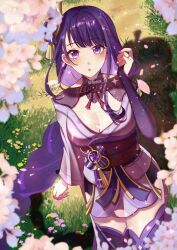 1girl armor artist_name asymmetrical_sleeves black_panties blue_pupils blunt_bangs blurry braid breasts bridal_gauntlets cherry_blossoms cleavage clothing_cutout depth_of_field falling_petals genshin_impact grass hair_ornament head_tilt highres japanese_clothes kimono large_breasts long_braid long_hair looking_at_viewer mitsudomoe_(shape) multicolored_hair neck_ribbon open_mouth outdoors panties petals pink_petals purple_eyes purple_hair purple_kimono raiden_shogun red_ribbon red_sash ribbon sash shade shadow shoulder_armor shoulder_cutout single_braid solo streaked_hair surprised thighs tomoe_(symbol) tree twitter_username underwear uneven_sleeves watatai watermark wide-eyed wide_sleeves