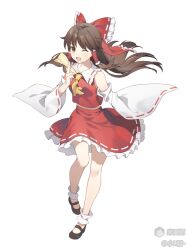 Rule 34 | 1girl, ;d, ahoge, ascot, bare shoulders, between fingers, black shoes, bow, brown eyes, brown hair, collared shirt, detached sleeves, frilled bow, frilled hair tubes, frilled shirt collar, frilled skirt, frills, full body, hair bow, hair tubes, hakurei reimu, highres, holding, holding ofuda, long hair, looking at viewer, mary janes, one eye closed, open mouth, red bow, red shirt, red skirt, ribbon-trimmed collar, ribbon-trimmed skirt, ribbon-trimmed sleeves, ribbon trim, shirt, shoes, simple background, skirt, sleeveless, sleeveless shirt, smile, socks, solo, tachi-e, touhou, white background, white sleeves, white socks, wide sleeves, yellow ascot, youren ljun