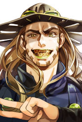 1boy apple972 beard brown_hair cape character_name facial_hair green_lips grin gyro_zeppeli highres inzup jojo_no_kimyou_na_bouken lipstick long_hair makeup male_focus simple_background smile solo steel_ball_run