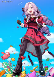 1girl absurdres black_gloves black_pantyhose dress drill_hair fall_guy fall_guys giant giantess gloves highres hyakumantenbara_salome hyakumantenbara_salome_(1st_costume) long_hair nijisanji pantyhose purple_eyes red_dress signature sky virtual_youtuber welt_(kinsei_koutenkyoku)