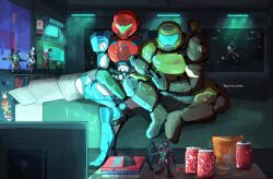 Rule 34 | 1girl, 2boys, absurdres, adepta sororitas, armor, boots, can, character doll, chips (food), controller, crossover, dead space, doll, doom (series), doomguy, drink can, figure, food, helmet, highres, isaac clarke, metroid, metroid dread, multiple boys, multiple crossover, nintendo, normal suit (metroid), power suit (metroid), room, samus aran, sisters of battle, sitting, soda can, television, video game, warhammer 40k