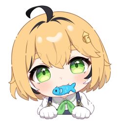 1girl :3 ahoge black_hair blonde_hair blue_overalls chibi chibi_only commentary dooby_(vtuber) english_commentary fish_in_mouth food_in_mouth gloves green_eyes green_ribbon highres hitsukuya indie_virtual_youtuber looking_at_viewer medium_hair multicolored_hair overalls ribbon sameko_saba shirt simple_background smile solo thick_eyebrows white_background white_gloves white_shirt