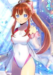 1girl :o ahoge blue_eyes blurry blurry_background blush bow breasts brown_hair commentary_request commission copyright_request covered_navel depth_of_field drawstring flower groin hair_bow hair_flower hair_ornament hand_up high_ponytail indoors jacket kou_hiyoyo long_hair long_sleeves looking_at_viewer medium_breasts off_shoulder one-piece_swimsuit parted_lips pink_bow ponytail pool puffy_long_sleeves puffy_sleeves red_flower rei_no_pool see-through_clothes see-through_jacket skeb_commission solo swimsuit swimsuit_under_clothes thigh_gap very_long_hair virtual_youtuber water water_drop white_one-piece_swimsuit