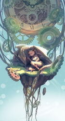 Rule 34 | 1girl, analog clock, blonde hair, blue background, bob cut, bow, claws, clock, closed eyes, copyright name, dragon, dragon girl, dragon horns, dragon tail, dragon wings, fantasy, female focus, floating island, gears, grass, hair ribbon, highres, horns, kneehighs, myr (p&amp;d), on ground, plant roots, puzzle &amp; dragons, reclining, ribbon, roman numeral, shade, short hair, sleeping, socks, solo, strapless, sunlight, tail, tienao, wings