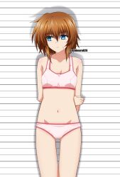 1girl bare_shoulders blue_eyes bra brown_hair eyebrows_hidden_by_hair flat_chest hair_between_eyes highres lineup looking_to_the_side lyrical_nanoha navel oshimaru026 panties short_hair solo stern_the_destructor sweatdrop underwear upper_body