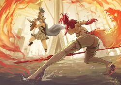 2girls absurdres ass back bare_shoulders blue_hair boots breasts chucky_(chucky1000sun) commentary_request dress faceoff helmet high_heel_boots high_heels highres holding holding_polearm holding_sword holding_weapon long_hair lupa_(wuthering_waves) medium_breasts multiple_girls mya_(wuthering_waves) pink_hair polearm shield signature sword tail thigh_boots weapon white_boots white_dress wolf_tail wuthering_waves