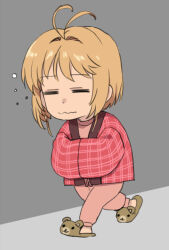 1girl antenna_hair blonde_hair cardcaptor_sakura chibi closed_eyes full_body hands_in_opposite_sleeves happi japanese_clothes kinomoto_sakura pajamas short_hair sketch slippers solo wakaho_riku wavy_mouth