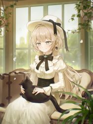 1girl absurdres animal animal_on_lap baegbalbaegjung black_cat black_corset black_ribbon blonde_hair bright_pupils brooch cat cat_on_lap commission corset couch dress grey_eyes hat hat_ribbon highres jewelry juliet_sleeves long_hair long_sleeves neck_ribbon on_couch on_lap original plant potted_plant puffy_sleeves ribbon sitting skeb_commission smile solo suitcase white_dress white_hat white_pupils window