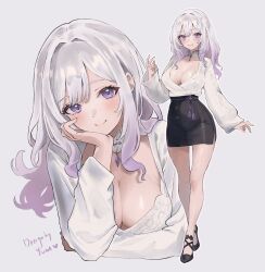 1girl black_skirt blush breasts cleavage closed_mouth collarbone colored_tips commentary detached_collar gem grey_hair hair_behind_ear hand_up head_on_hand head_tilt high_heels highres large_breasts leaning_forward legs long_hair long_sleeves looking_at_viewer multicolored_hair multiple_views original pencil_skirt purple_eyes purple_gemstone purple_hair shirt side_slit sidelocks signature simple_background skirt smile standing swept_bangs tassel two-tone_hair white_background white_shirt y_uunaa