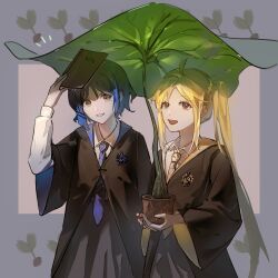 2girls absurdres ahoge black_coat blonde_hair blue_hair blue_necktie bocchi_the_rock! book border chinese_commentary coat collared_shirt commentary diagonal-striped_clothes diagonal-striped_necktie dress_shirt emblem flower_pot grey_border harry_potter_(series) highres hogwarts_school_uniform holding holding_book holding_flower_pot hufflepuff ijichi_nijika leaf long_hair looking_at_viewer looking_up mole mole_under_eye multiple_girls necktie open_mouth outside_border parted_bangs parted_lips pink_background plant potted_plant ravenclaw red_eyes school_uniform seedling shirt short_hair side_ponytail simple_background smile striped_clothes two-sided_coat two-sided_fabric white_shirt wizarding_world xiao&#039;er_yushiwuzheng yamada_ryo yellow_eyes yellow_necktie