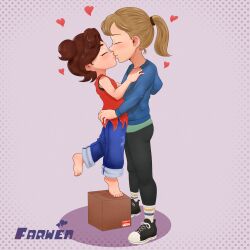 2girls age_difference armpit_crease arms_around_waist artist_name baggy_pants barefoot blonde_hair blue_eyes body_freckles bracelet breasts brown_hair child clenched_hand closed_eyes collarbone couple crossover curtained_hair denim donkey_kong_(series) donkey_kong_bananza eyelashes farwen feet feet_up female_focus flat_chest freckles from_side full_body hair_intakes hair_ornament hand_up hands_up happy heart height_difference highres hood hoodie inside_out_2 jeans jewelry kiss long_hair long_sleeves medium_hair multiple_girls neck nintendo pants pants_rolled_up pants_tucked_in parted_bangs pauline_(mario) pauline_(young)_(mario) ponytail riley_andersen shirt shoes side_ponytail sidelocks sleeveless sleeveless_shirt small_breasts sneakers socks soles standing standing_on_object swept_bangs thick_eyebrows tiptoe_kiss tiptoes toenails toes tomboy topknot yuri