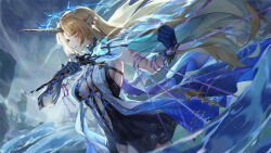 1girl armored_gloves bare_shoulders black_collar black_dress blue_eyes breasts collar commentary crown_of_thorns dress earrings english_commentary fleurdelys_(wuthering_waves) floating_earrings gloves highres holding holding_sword holding_weapon horns jewelry large_breasts long_horns looking_ahead mihan_(mihan_art) parted_lips pointy_ears rain sideboob single_glove single_horn solo storm sword tacet_mark_(wuthering_waves) wading weapon wuthering_waves yellow_horns