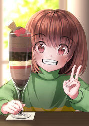 1other blurry blurry_background blush bob_cut brown_hair chara_(undertale) chocolate commentary_request cup day dot_nose eyes_visible_through_hair fingernails fj_0102 food foreshortening fruit green_sweater grin hair_over_eyes hands_up highres holding holding_cup ice_cream indoors long_sleeves looking_at_viewer medium_hair other_focus raspberry red_eyes sky smile solo straight-on sundae sweater table turtleneck turtleneck_sweater two-tone_sweater undertale upper_body v white_sky window yellow_sweater