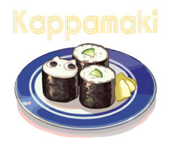 cat commentary food food_focus food_name kappamaki makizushi no_humans original plate simple_background sushi suzaku_(zaku6584) white_background