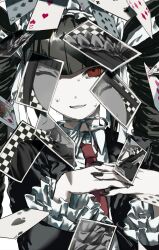 Rule 34 | 1girl, ace (playing card), ace of hearts, ace of spades, black hair, black jacket, black nails, blunt bangs, card, celestia ludenberg, closed eyes, collared shirt, danganronpa: trigger happy havoc, danganronpa (series), drill hair, four of diamonds, frilled sleeves, frills, heart, highres, interlocked fingers, jack (playing card), jack of diamonds, jacket, long hair, looking at viewer, nail polish, necktie, nervous sweating, one eye closed, photo (object), playing card, queen (playing card), queen of clubs, red eyes, red necktie, shirt, simple background, six of spades, solo, spade (shape), sweat, three of hearts, twin drills, two of hearts, umesigeissei, upper body, white background, white shirt