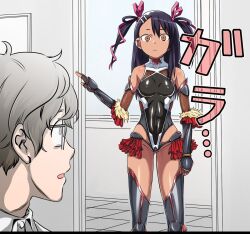 1boy 1girl alternate_hairstyle armor bare_shoulders black_hair brown_eyes classroom cosplay dark-skinned_female dark_skin expressionless glasses grey_hair hachiouji_naoto highres ijiranaide_nagatoro-san leotard looking_at_another mizuki_yukikaze mizuki_yukikaze_(cosplay) nagatoro_hayase norigurin one-piece_tan surprised taimanin_(series) taimanin_yukikaze tan tanline trait_connection two_side_up wide_hips