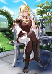 1girl bare_shoulders blonde_hair blush boots breasts brown_dress bush chair citrinne_(fire_emblem) cleavage closed_mouth crossed_legs dress earrings feather_hair_ornament feathers fire_emblem fire_emblem_engage gold_choker gold_trim hair_ornament hedge highres hoop_earrings jewelry large_breasts looking_at_viewer mugitoro_(dsfv2277) nintendo outdoors pantyhose red_eyes short_hair sitting smile solo table tree wing_hair_ornament
