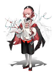 1girl absurdres anqing bead_necklace beads beret black_cape black_footwear black_hat black_pants book cape flower full_body hair_branch hat highres holding holding_book jacket jewelry long_hair necklace open_book original pants pantyhose pink_eyes pink_hair plum_blossoms sample_watermark solo watermark white_background white_jacket white_pantyhose wide_sleeves