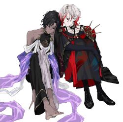 Rule 34 | 2boys, arjuna (fgo fes. 2025) (fate), barefoot, black eyes, black hair, blue eyes, brothers, dark-skinned male, dark skin, earrings, eyeshadow, eyeshadow under eye, fate/grand order, fate (series), full body, gradient hair, hair ornament, halter shirt, halterneck, hoop earrings, jewelry, karna (fgo fes. 2025) (fate), makeup, male focus, medium hair, multicolored hair, multiple boys, multiple earrings, necklace, ngg n, pale skin, pants, parted bangs, red eyeshadow, red hair, shawl, siblings, side-by-side, simple background, sitting, sleeveless, wavy hair, white background, white hair