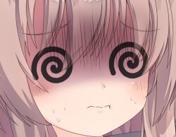 1girl :t @_@ blush brown_hair close-up closed_mouth commentary eyes_visible_through_hair facing_viewer hair_between_eyes misu_t_(ccc) raised_eyebrows sanoba_witch shaded_face shiiba_tsumugi sick solo split_mouth sweat wavy_mouth