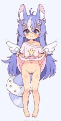 1girl 2kaze bare_shoulders barefoot blush butt_fangs chinchilla_girl clavicles clothes_lift heel_blush highres indie_virtual_youtuber knee_blush loli poki_nemuru pussy pussy_blush shoulder_blush skirt skirt_lift solo star_shirt