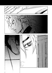 birthmark close-up comic dio_brando door earrings greyscale jewelry joestar_birthmark jojo_no_kimyou_na_bouken merumeru626 monochrome nib_pen_(object) pen pointy_footwear screentones silent_comic sleeveless sleeveless_turtleneck stardust_crusaders turtleneck writing