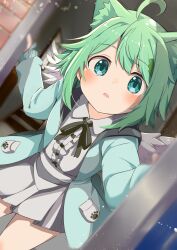 Rule 34 | 1girl, absurdres, ahoge, angel wings, animal ear fluff, animal ears, aqua eyes, blue eyes, blurry, blush, cat ears, commission, doorway, green eyes, green hair, highres, hood, hoodie, jacket, looking at viewer, open clothes, open door, open hoodie, open mouth, opening door, pov doorway, shiro9jira, short hair, skeb commission, skirt, solo, vrchat, white skirt, wings