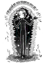 1boy 6_9 full_body greyscale knife male_focus monochrome no_mouth piano_keys sasatsuka_(hasamimushi) sekomumasada_sensei short_hair simple_background solo standing yume_nikki