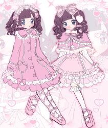 Rule 34 | 2000s (style), 2girls, blue eyes, blunt bangs, blush, bow, brown hair, buttons, capelet, coat dress, commentary, dress, dual persona, earmuffs, frilled bow, frilled dress, frilled hairband, frilled socks, frills, full body, fur-trimmed capelet, fur trim, hair bow, hairband, heart, highres, kneehighs, lolita fashion, lolita hairband, looking at viewer, medium hair, multiple girls, original, petticoat, pink bow, pink capelet, pink dress, pink hairband, pink ribbon, pink shoes, pom pom (clothes), ribbon, shoes, smile, socks, sparkle, sweet lolita, symbol-only commentary, two side up, white socks, yuni (s ribbon), zoom layer