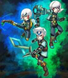 1girl 2boys alternate_color alternate_weapon arm_cannon armor aura belt blue_gemstone boots brown_footwear chest_jewel commentary corruption crescent crescent_print crossover dark_persona double_helix english_commentary facial_mark facial_tattoo fierce_deity fingerless_gloves flying flying_kick gem gloves hal_laboratory highres holding holding_sword holding_weapon jacket jumping kicking knee_up leg_up long_sleeves looking_at_viewer looking_to_the_side medium_hair mii_(nintendo) mii_brawler mii_brawler_(smash_ultimate) mii_gunner mii_gunner_(smash_ultimate) mii_swordfighter mii_swordfighter_(smash_ultimate) multiple_boys multiple_persona nintendo no_pupils open_mouth possessed possession serious short_hair short_sleeves standing stoic_seraphim super_smash_bros. sword tattoo the_legend_of_zelda the_legend_of_zelda:_majora&#039;s_mask triangle triangle_print tunic weapon white_eyes white_hair wrist_guards