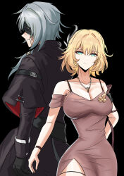 1boy 1girl absurdres aglaea_(honkai:_star_rail) alternate_costume anaxa_(honkai:_star_rail) black_background black_coat black_gloves blonde_hair breasts brown_dress cleavage coat commentary dress english_commentary gloves green_eyes grey_hair highres honkai:_star_rail honkai_(series) jewelry large_breasts looking_at_viewer necklace short_hair simple_background smile waist_(chem5772)