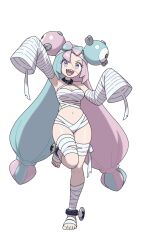Rule 34 | 1girl, :d, bandaged arm, bandaged chest, bandaged leg, bandages, bow-shaped hair, breasts, character hair ornament, cleavage, commentary request, detached sleeves, full body, hair ornament, happy, iono (pokemon), knees, leg up, long hair, multicolored hair, mummy, mummy costume, nail polish, navel, nintendo, open mouth, pokemon, pokemon sv, smile, solo, split-color hair, standing, standing on one leg, teeth, toenail polish, toenails, toes, tongue, transparent background, twintails, two-tone hair, type x, upper teeth only, x