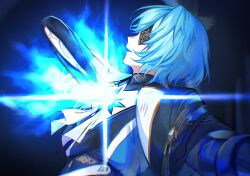 1boy anaxa_(honkai:_star_rail) aqua_hair enasuska eyepatch highres honkai:_star_rail honkai_(series) light_smile male_focus medium_hair one_eye_covered outstretched_arms side_ponytail solo stab upper_body