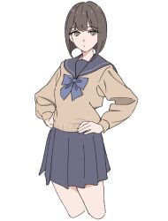 1girl blue_bow blue_sailor_collar blue_skirt bow breasts brown_hair closed_mouth cropped_legs grey_eyes hair_between_eyes hands_on_own_hips highres kashiwa_(iersansi) long_sleeves looking_at_viewer original pleated_skirt sailor_collar shirt short_hair simple_background skirt solo white_background