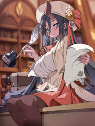1girl black_hair black_pantyhose blue_eyes blush bookshelf bow breasts closed_mouth dark-skinned_female dark_skin hair_between_eyes hair_ornament hat hat_ribbon holding holding_paper holding_pen horns indoors inkwell large_breasts library long_hair looking_at_viewer pantyhose paper pen red_bow red_skirt ribbon scroll sherum_(trickcal) shirt single_horn sitting skirt smile solo trickcal very_long_hair white_shirt witch yume_no_hana_(sbac0019)