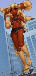1girl :3 alloyrabbit animal_feet animal_nose bare_shoulders barefoot black_sclera black_shirt black_skirt blonde_hair body_fur brown_fur bus city cleft_of_venus closed_mouth collarbone colored_sclera covered_erect_nipples crop_top dutch_angle female_focus flat_chest frilled_shirt frilled_skirt frills full_body furry furry_female gen_4_pokemon giant giantess hands_up happy highres large_variant_set leg_up legs long_hair looking_at_viewer lopunny microskirt motor_vehicle navel nintendo no_panties outdoors pokemon pokemon_(creature) pussy rabbit_ears rabbit_girl rabbit_tail red_eyes red_trim road shirt short_tail sidelocks skirt sleeveless sleeveless_shirt smile solo standing standing_on_one_leg stomach tail thighs two-tone_fur uncensored v-shaped_eyebrows variant_set wavy_hair yellow_fur