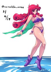 1girl bad_id bad_twitter_id bare_shoulders bikini boots bracelet breasts cleavage commentary cotton_(game) dated fairy fairy_wings flying jewelry light_smile long_hair looking_at_viewer nafta navel pink_hair purple_bikini purple_boots red_eyes signature silk_(cotton) solo strapless strapless_bikini swimsuit thighs water wings
