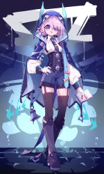+_+ 1girl absurdres black_thighhighs blue_corset blue_eyes blue_necktie blush book boots breasts collared_shirt corset garter_straps gloves hand_on_own_hip highres holding holding_book hood hooded_coat imazawa knee_boots medium_hair necktie open_mouth original pink_hair shirt shorts skindentation small_breasts solo standing thighhighs white_gloves white_shirt zettai_ryouiki