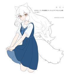 1girl alternate_costume animal_ears arctic_fox_(kemono_friends) blue_bow blue_bowtie blue_dress blush bow bowtie chicha_(chi_cha_rigbo) clothes_lift cowboy_shot dress dress_lift fox_ears fox_girl fox_tail hair_between_eyes highres kemono_friends kemono_friends_3 long_hair looking_at_viewer orange_eyes plaid_bow plaid_bowtie plaid_clothes pleated_dress sailor_collar sailor_dress school_uniform short_sleeves sidelocks smile solo tail translation_request two-tone_dress white_dress white_hair
