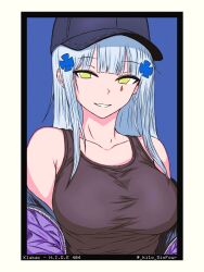 1girl absurdres baseball_cap black_hat black_tank_top blue_background breasts character_name cimol95 collarbone commentary girls&#039;_frontline girls&#039;_frontline_2:_exilium green_eyes grey_hair hat highres hk416_(girls&#039;_frontline) jacket klukai_(girls&#039;_frontline_2) large_breasts looking_at_viewer no_pupils off_shoulder parted_lips purple_jacket smile solo symbol-only_commentary tank_top teardrop_facial_mark twitter_username upper_body