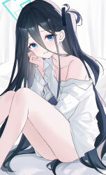 1girl absurdres aris_(blue_archive) blue_archive blush collarbone commentary double-parted_bangs feet_out_of_frame hair_between_eyes halo highres knees_up long_hair long_hair_between_eyes looking_at_viewer no_pants one_side_up shirt single_bare_shoulder sitting smile solo usagi_(786113654) very_long_hair white_shirt