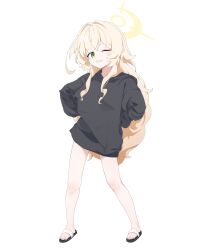 1girl absurdres black_sandals blonde_hair blue_archive commentary_request full_body green_eyes halo highres jacket long_hair long_sleeves looking_at_viewer mandara3a one_eye_closed oversized_clothes professor_niyaniya_(blue_archive) sandals side_ahoge simple_background solo standing teeth thighs wavy_hair white_background white_jacket yellow_halo