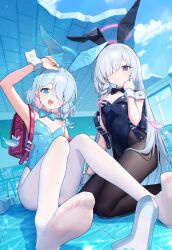 2girls absurdres alternate_costume alternate_hairstyle animal_ears arm_up arona_(blue_archive) backpack bag black_eyes black_leotard black_pantyhose blue_archive blue_hair blue_halo blue_leotard blue_pupils braid classroom colored_inner_hair commentary_request detached_collar fake_animal_ears feet foreshortening hair_over_one_eye halo highres jitome kneeling knees_together_feet_apart knees_up kuikui leotard loli long_hair looking_at_viewer multicolored_hair multiple_girls no_shoes pantyhose pink_halo plana_(blue_archive) playboy_bunny rabbit_ears randoseru red_halo red_pupils shoes short_hair single_braid sitting soles strapless strapless_leotard tareme toes unworn_shoes white_pantyhose white_wrist_cuffs wrist_cuffs