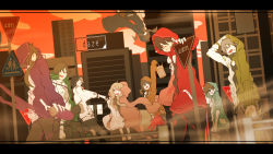 4girls 5boys alternate_costume amamiya_hibiya bucket city daze_(kagerou_project) ene_(kagerou_project) closed_eyes floating grin highres hood hoodie jacket jersey kagerou_project kano_shuuya kido_tsubomi kisaragi_momo kisaragi_shintarou konoha_(kagerou_project) kozakura_marry letterboxed long_hair multiple_boys multiple_girls open_mouth orange_sky pachi_(sugiyama0306) paint_splatter_on_face paint_splatter road_sign seto_kousuke short_hair sign sky smile spray_can track_jacket twintails urban vocaloid